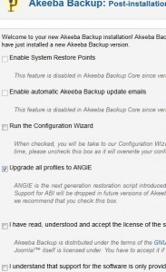 akeeba backup initial setup option list